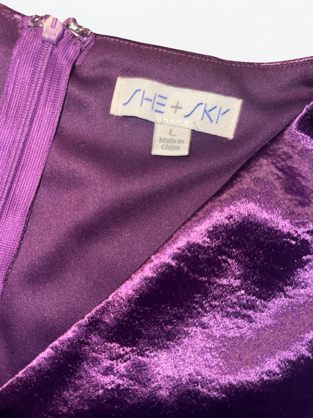She + Sky Plum Purple Metallic Wrap Romper Long Sleeve Tie Waist Size L NWOT - Picture 2 of 6